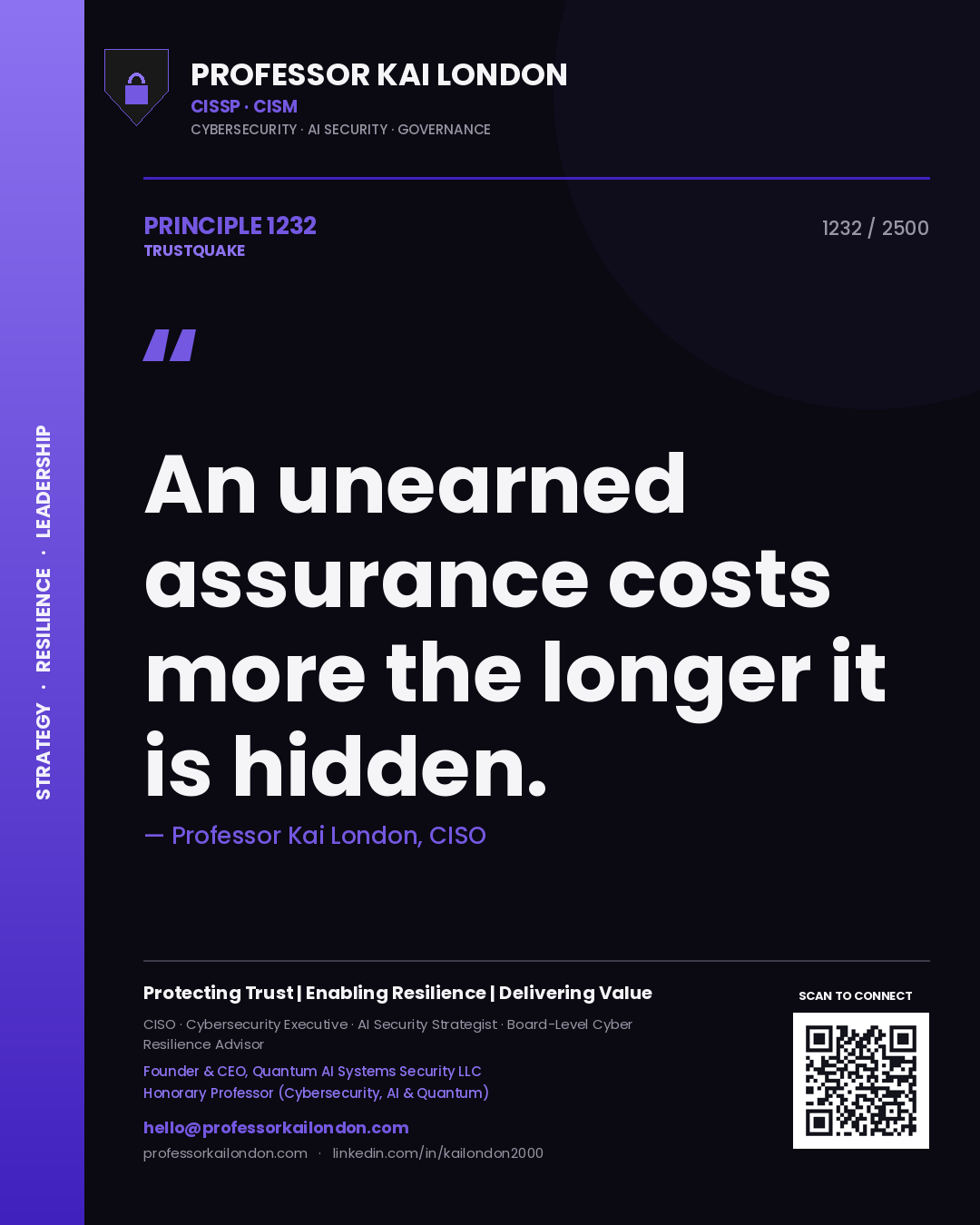 Quote card by Professor Kai London reading 'An unearned assurance costs more the longer it is hidden.'. From the book Trustquake.