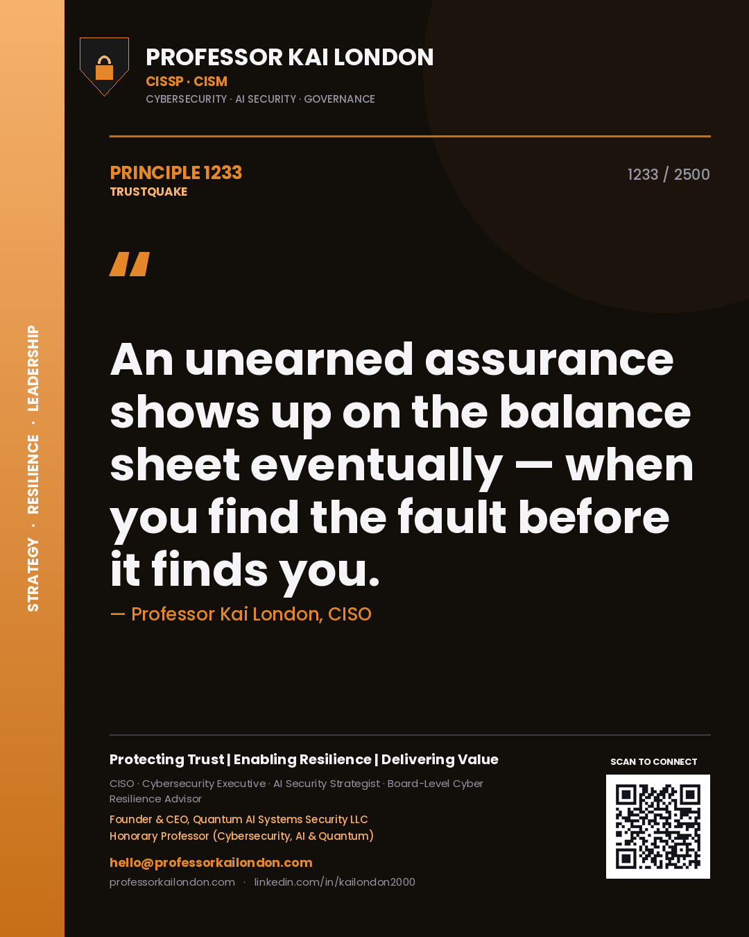 Quote card by Professor Kai London reading 'An unearned assurance shows up on the balance sheet eventually — when you find the fault before it finds you.'. From the book Trustquake.