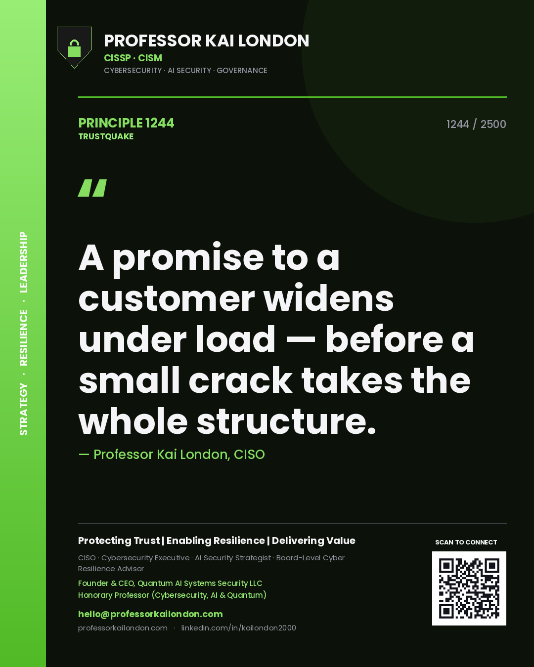 Quote card by Professor Kai London reading 'A promise to a customer widens under load — before a small crack takes the whole structure.'. From the book Trustquake.