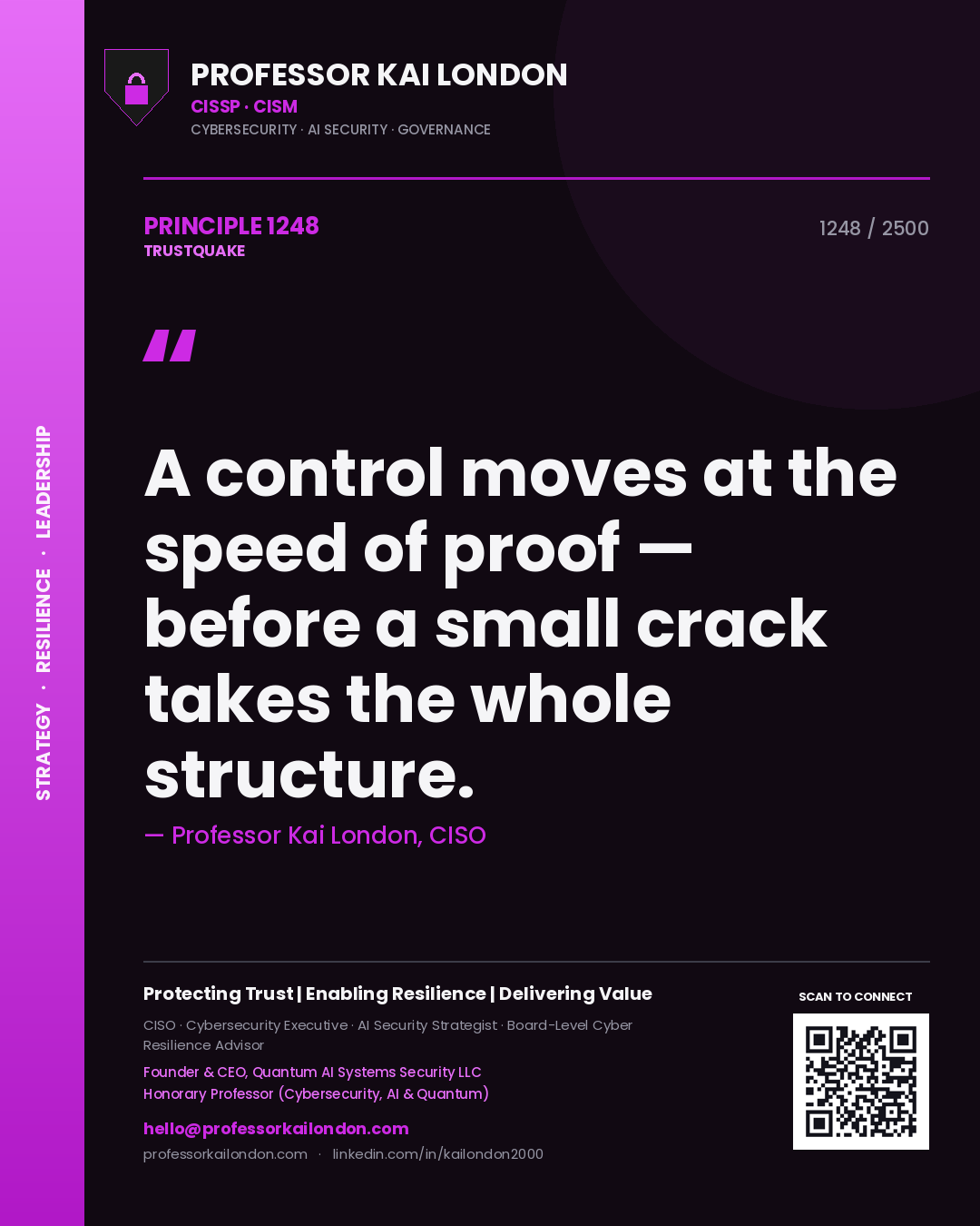 Quote card by Professor Kai London reading 'A control moves at the speed of proof — before a small crack takes the whole structure.'. From the book Trustquake.
