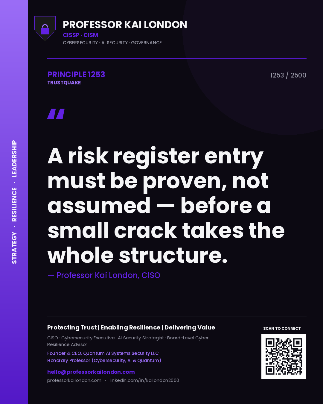 Quote card by Professor Kai London reading 'A risk register entry must be proven, not assumed — before a small crack takes the whole structure.'. From the book Trustquake.