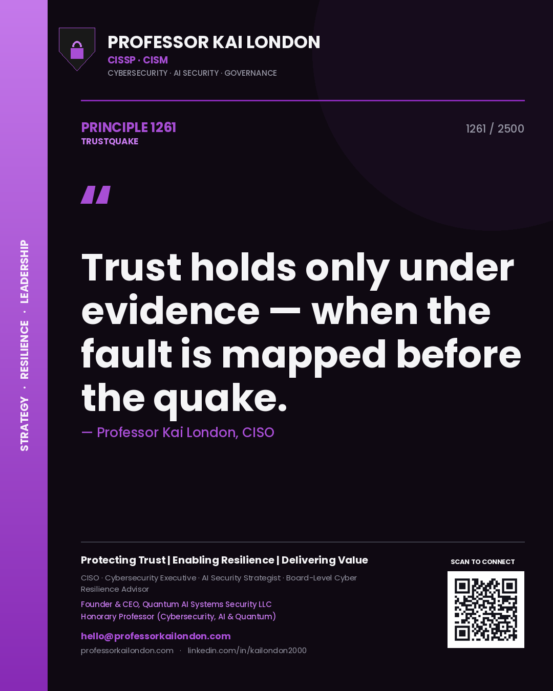Quote card by Professor Kai London reading 'Trust holds only under evidence — when the fault is mapped before the quake.'. From the book Trustquake.