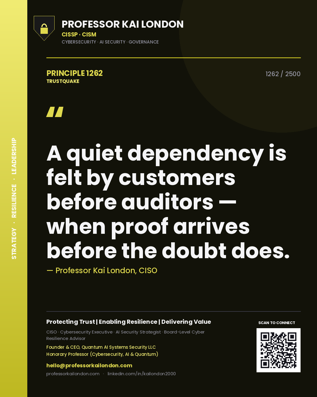 Quote card by Professor Kai London reading 'A quiet dependency is felt by customers before auditors — when proof arrives before the doubt does.'. From the book Trustquake.