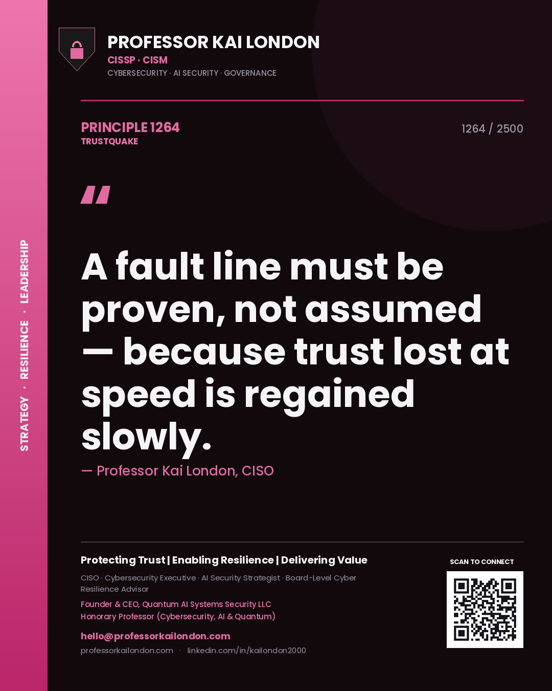 Quote card by Professor Kai London reading 'A fault line must be proven, not assumed — because trust lost at speed is regained slowly.'. From the book Trustquake.
