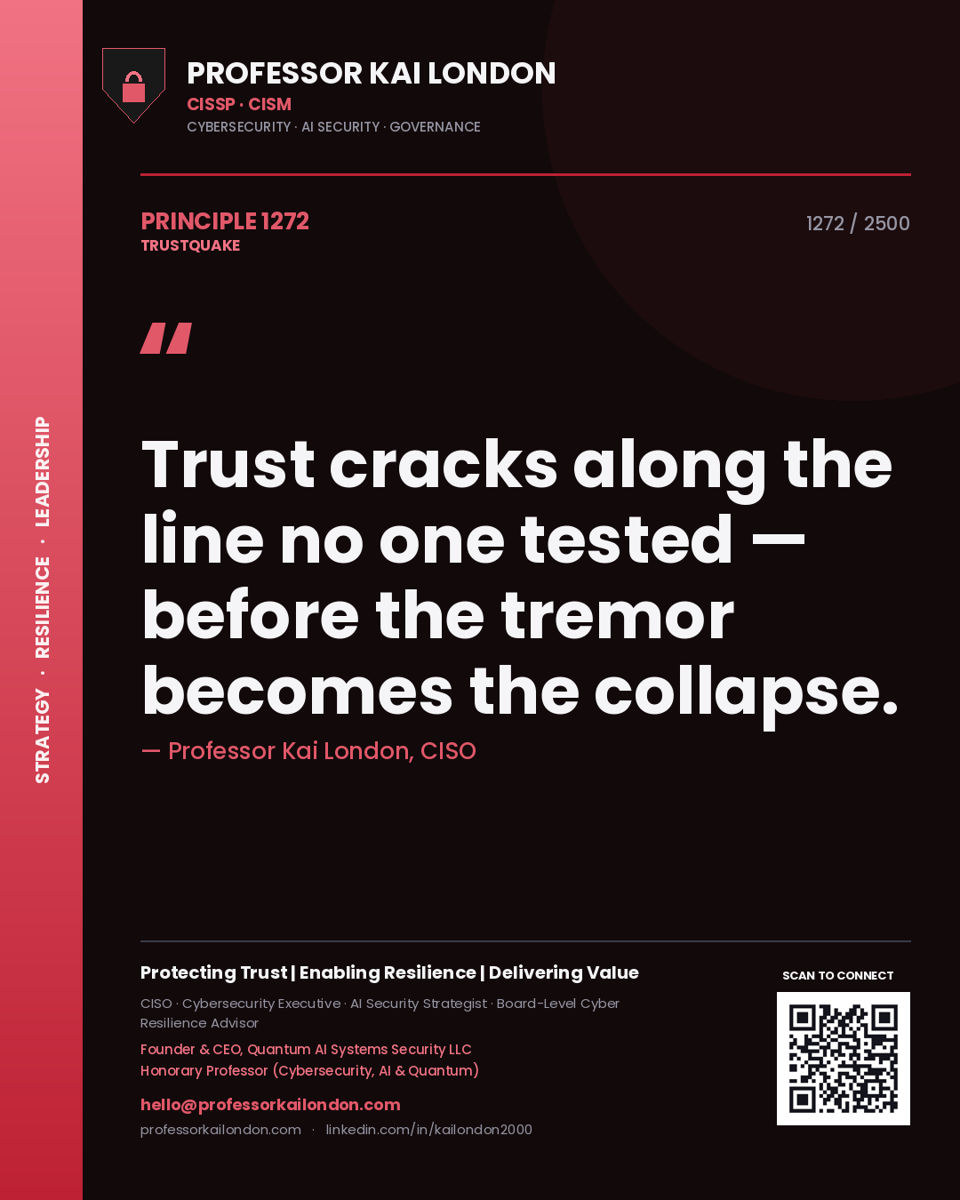 Quote card by Professor Kai London reading 'Trust cracks along the line no one tested — before the tremor becomes the collapse.'. From the book Trustquake.