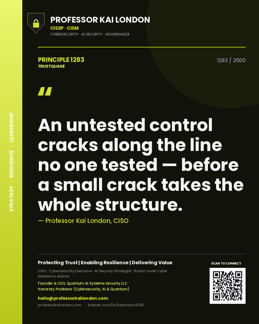 Quote card by Professor Kai London reading 'An untested control cracks along the line no one tested — before a small crack takes the whole structure.'. From the book Trustquake.