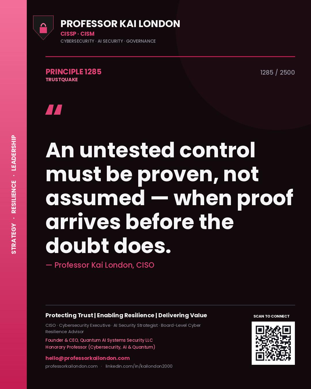 Quote card by Professor Kai London reading 'An untested control must be proven, not assumed — when proof arrives before the doubt does.'. From the book Trustquake.