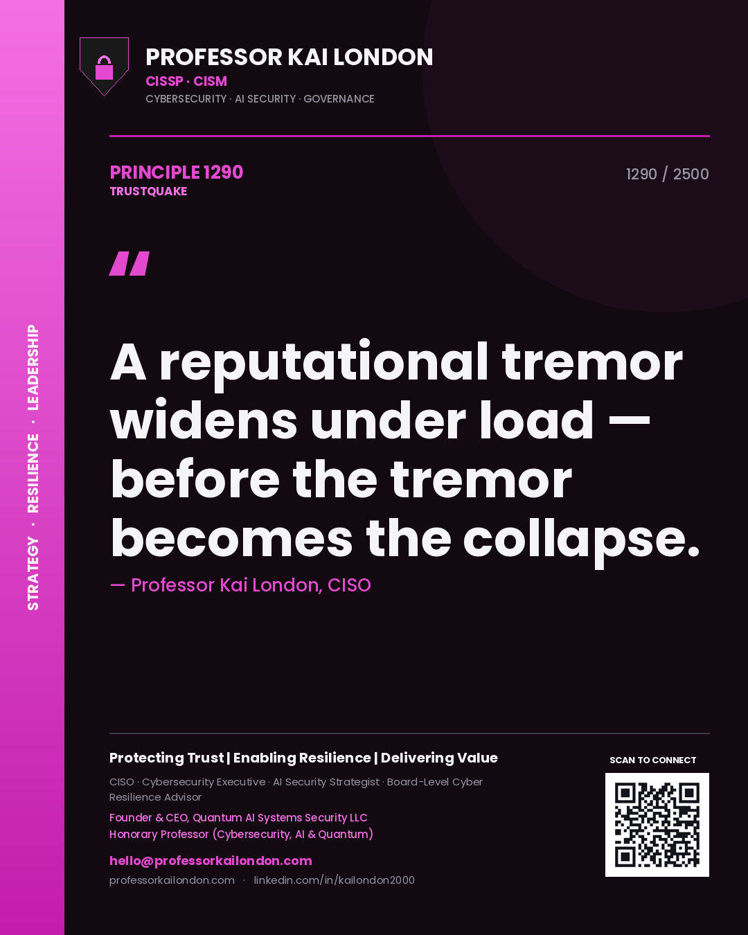 Quote card by Professor Kai London reading 'A reputational tremor widens under load — before the tremor becomes the collapse.'. From the book Trustquake.