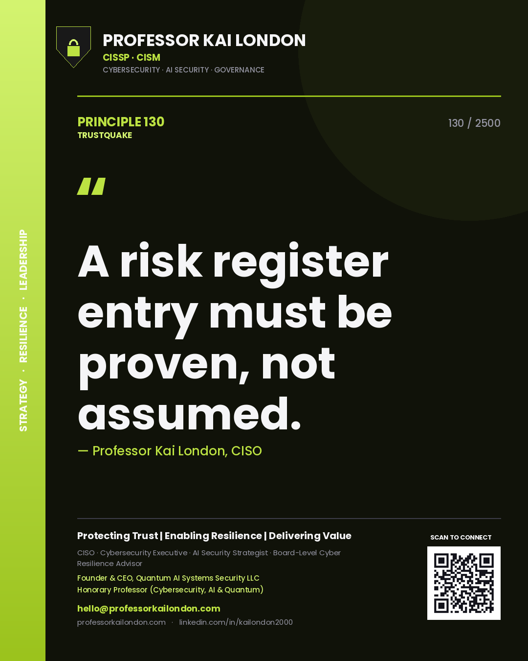 Professor Kai London principle 130: A risk register entry must be proven, not assumed.