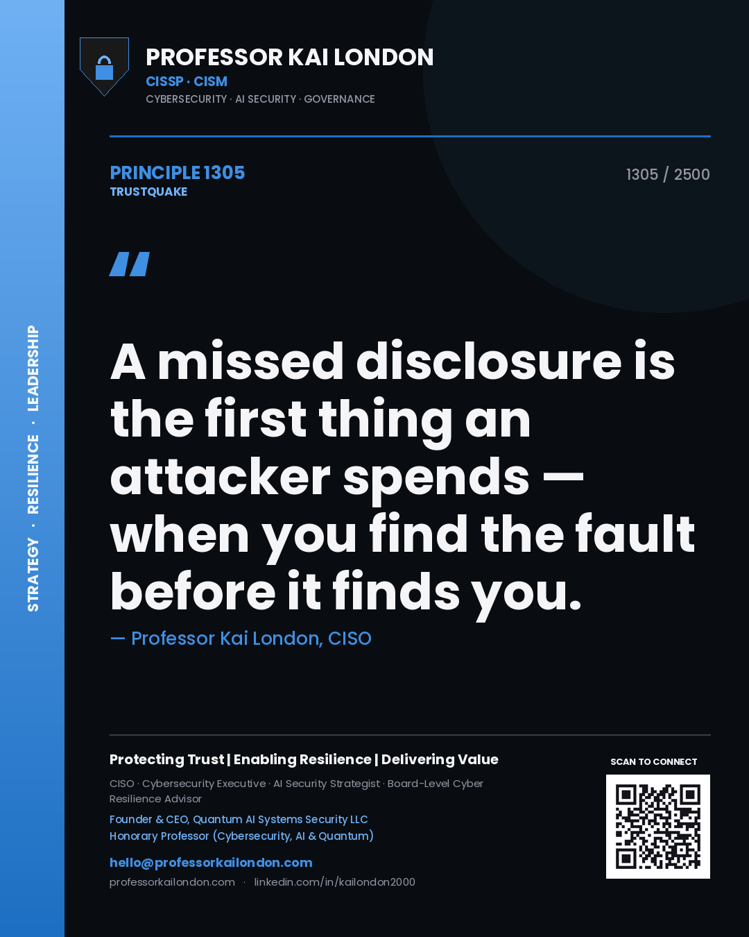 Quote card by Professor Kai London reading 'A missed disclosure is the first thing an attacker spends — when you find the fault before it finds you.'. From the book Trustquake.