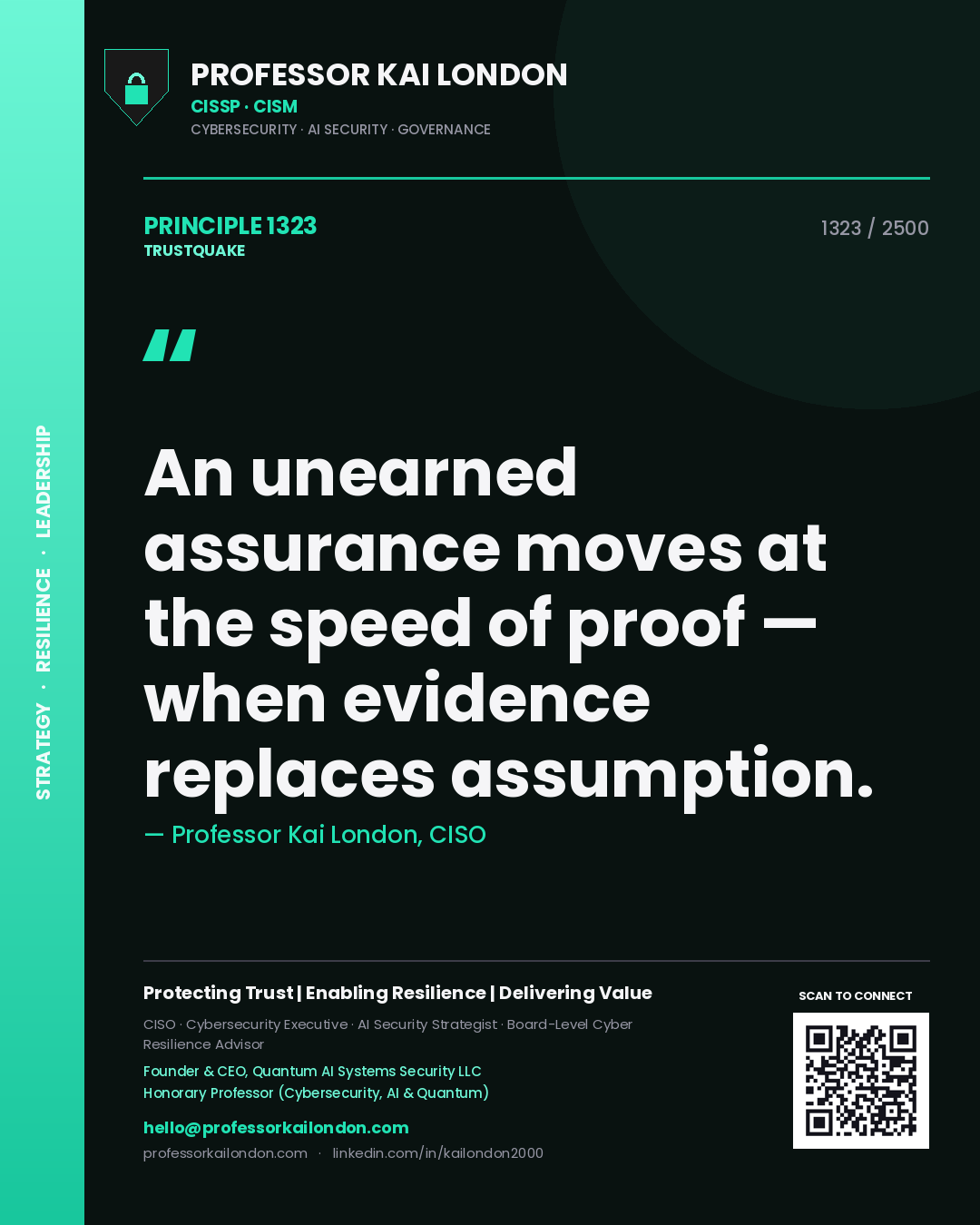 Quote card by Professor Kai London reading 'An unearned assurance moves at the speed of proof — when evidence replaces assumption.'. From the book Trustquake.
