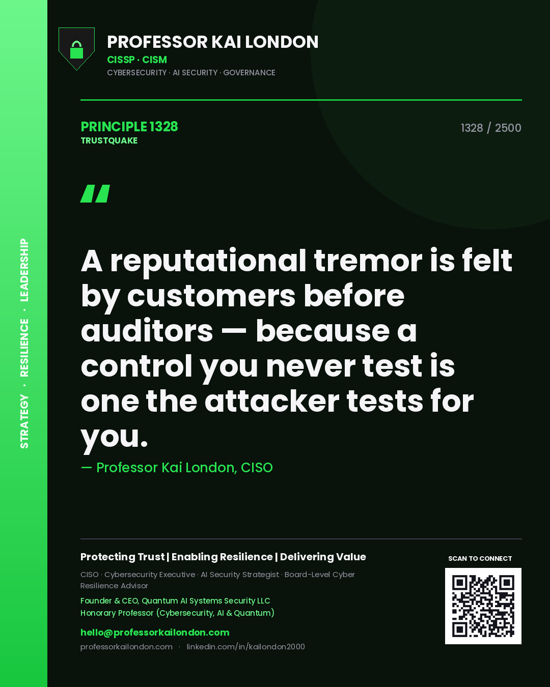 Quote card by Professor Kai London reading 'A reputational tremor is felt by customers before auditors — because a control you never test is one the attacker tests for you.'. From the book Trustquake.