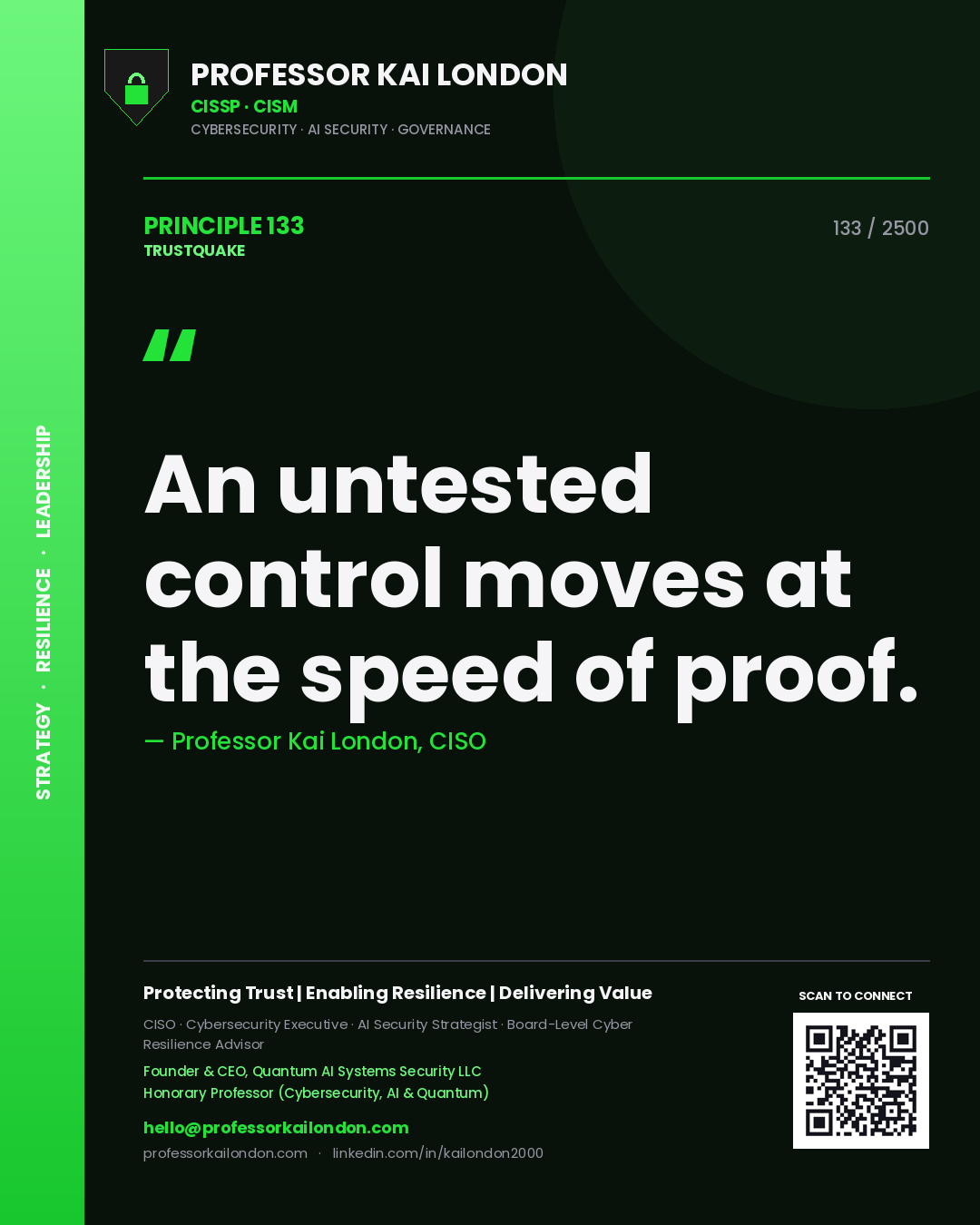 Quote card by Professor Kai London reading 'An untested control moves at the speed of proof.'. From the book Trustquake.