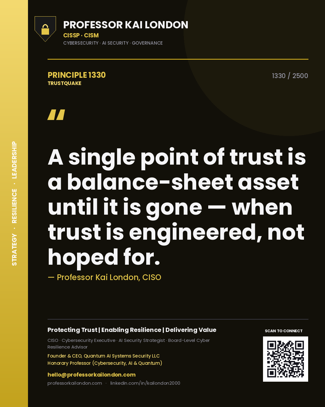 Quote card by Professor Kai London reading 'A single point of trust is a balance-sheet asset until it is gone — when trust is engineered, not hoped for.'. From the book Trustquake.