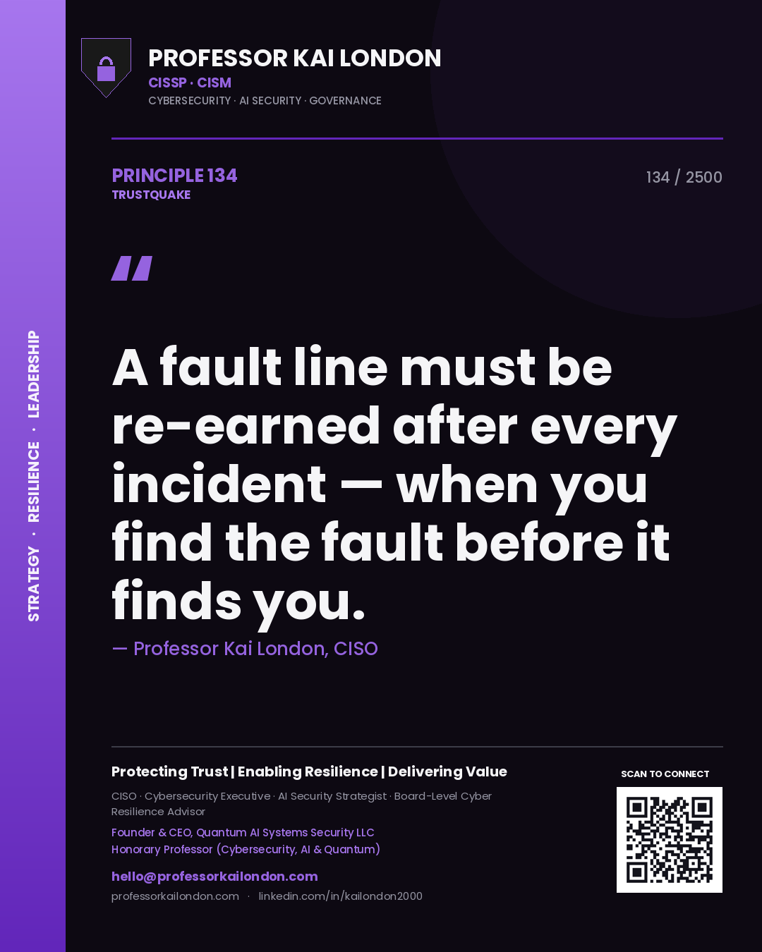 Professor Kai London principle 134: A fault line must be re-earned after every incident — when you find the fault before it finds you.