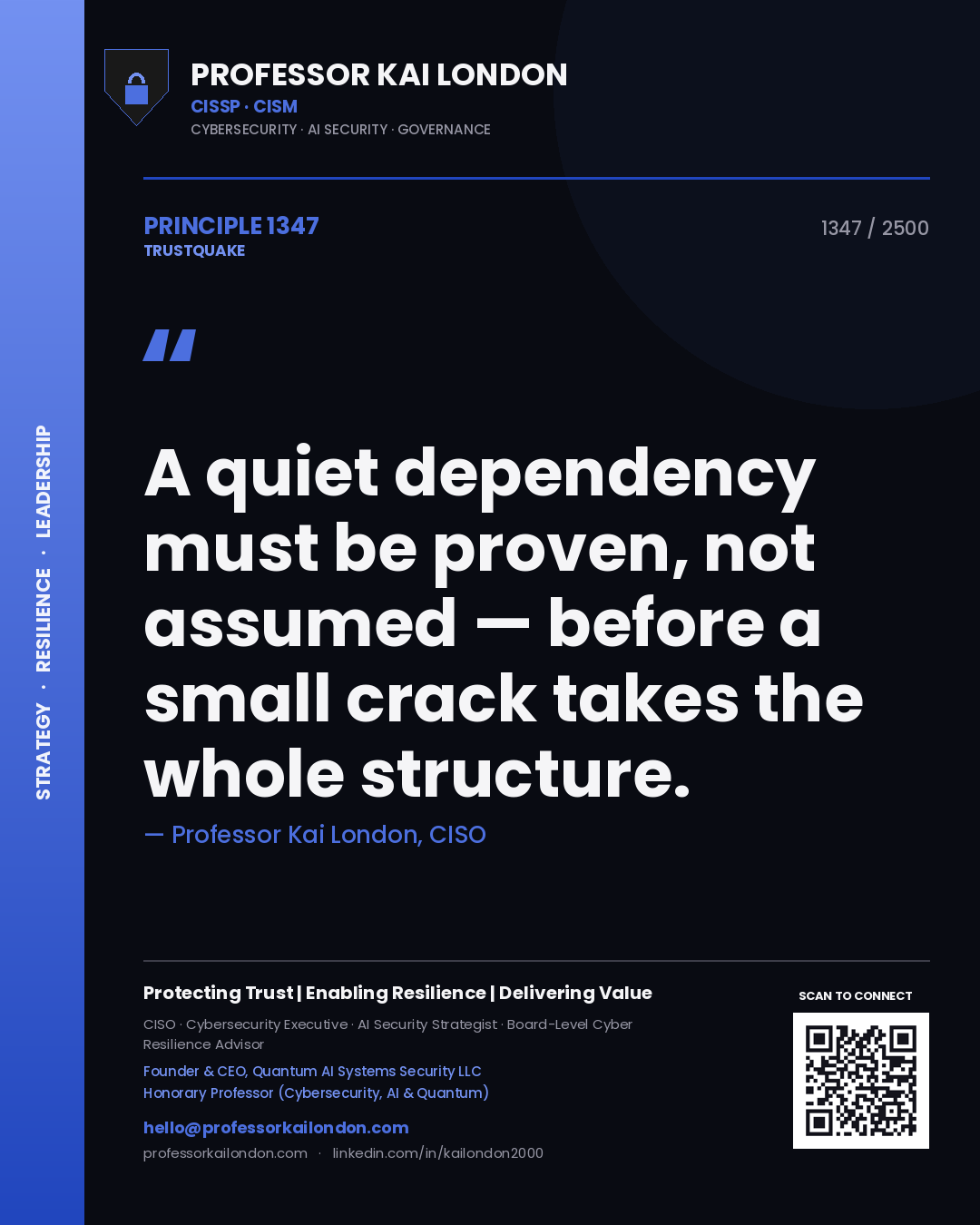 Quote card by Professor Kai London reading 'A quiet dependency must be proven, not assumed — before a small crack takes the whole structure.'. From the book Trustquake.