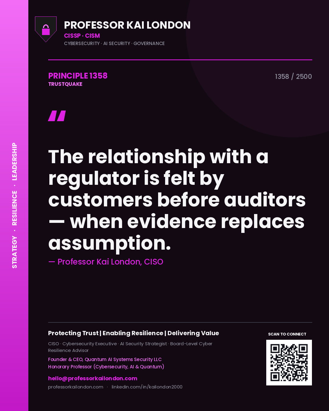 Quote card by Professor Kai London reading 'The relationship with a regulator is felt by customers before auditors — when evidence replaces assumption.'. From the book Trustquake.