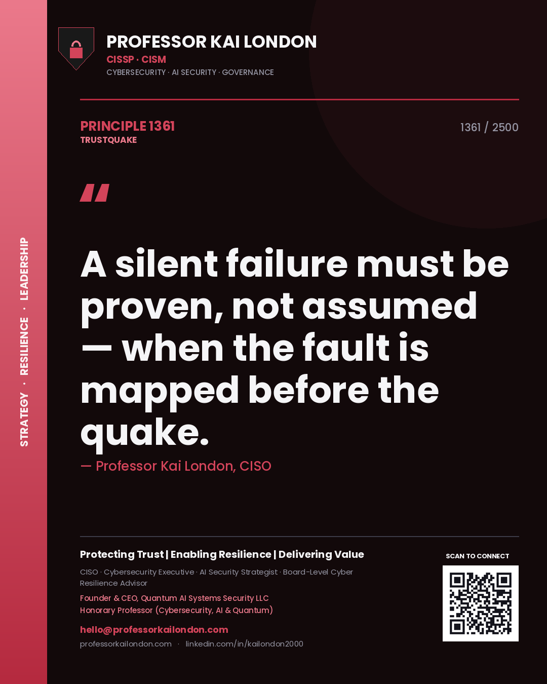 Quote card by Professor Kai London reading 'A silent failure must be proven, not assumed — when the fault is mapped before the quake.'. From the book Trustquake.