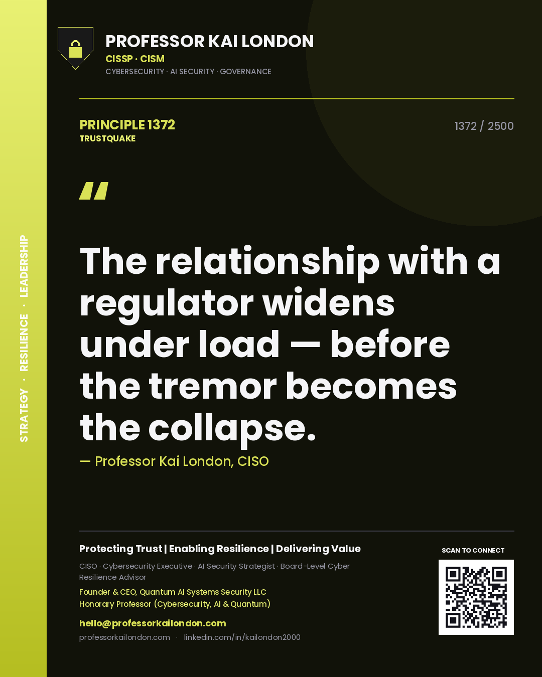 Quote card by Professor Kai London reading 'The relationship with a regulator widens under load — before the tremor becomes the collapse.'. From the book Trustquake.