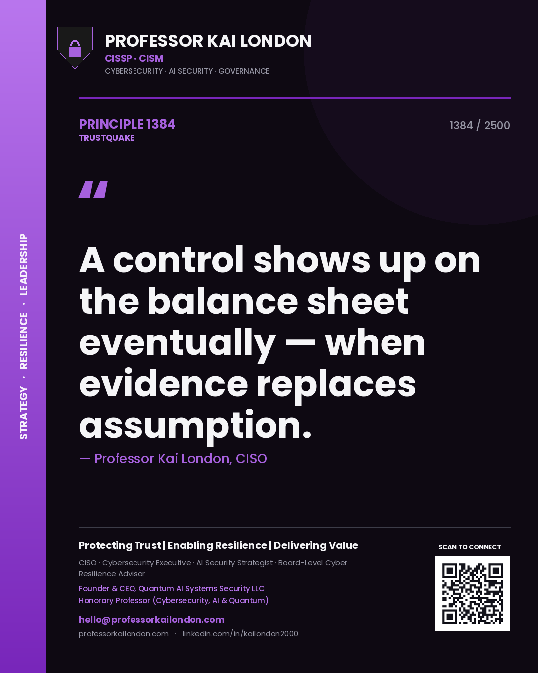 Quote card by Professor Kai London reading 'A control shows up on the balance sheet eventually — when evidence replaces assumption.'. From the book Trustquake.