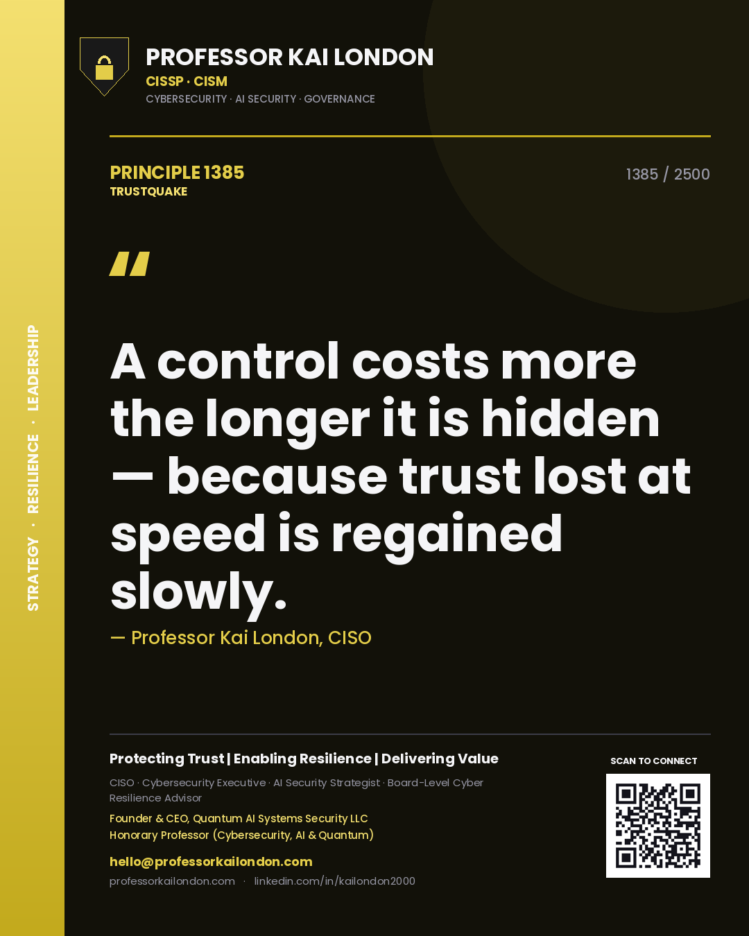 Quote card by Professor Kai London reading 'A control costs more the longer it is hidden — because trust lost at speed is regained slowly.'. From the book Trustquake.