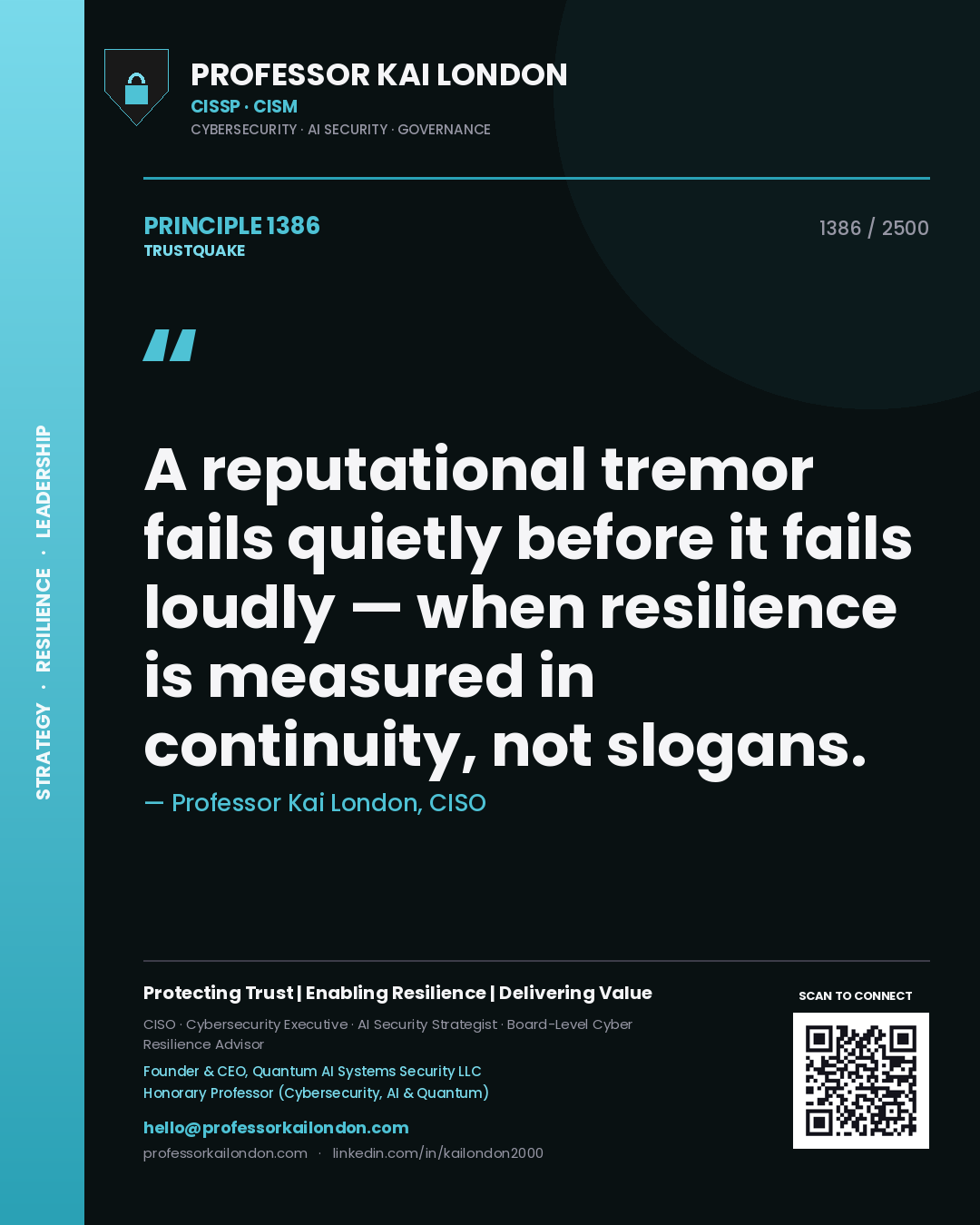 Quote card by Professor Kai London reading 'A reputational tremor fails quietly before it fails loudly — when resilience is measured in continuity, not slogans.'. From the book Trustquake.
