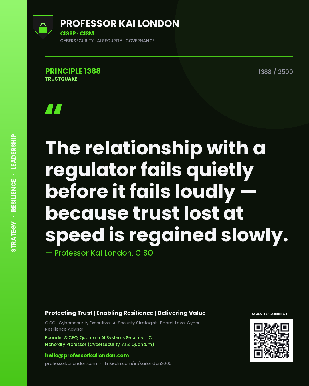 Quote card by Professor Kai London reading 'The relationship with a regulator fails quietly before it fails loudly — because trust lost at speed is regained slowly.'. From the book Trustquake.