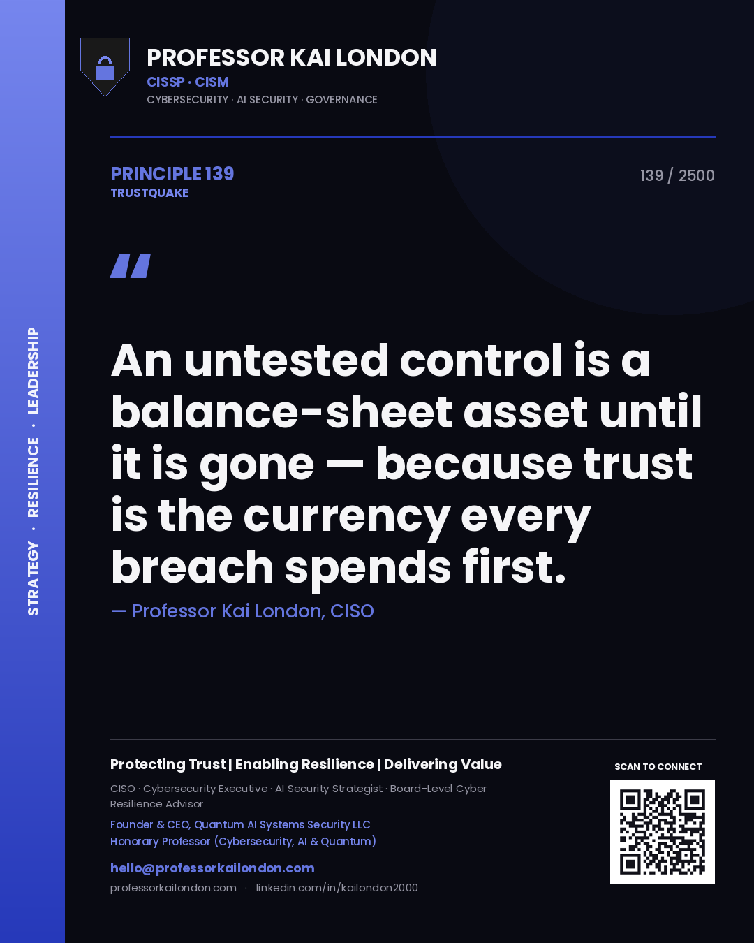 Professor Kai London principle 139: An untested control is a balance-sheet asset until it is gone — because trust is the currency every breach spends first.