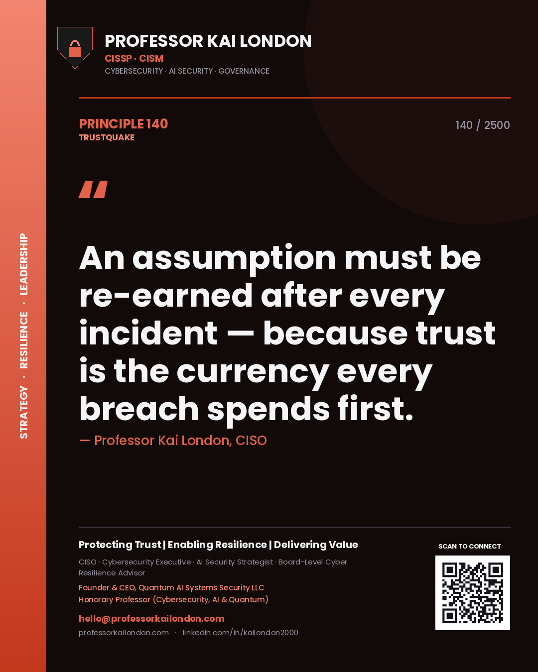 Quote card by Professor Kai London reading 'An assumption must be re-earned after every incident — because trust is the currency every breach spends first.'. From the book Trustquake.