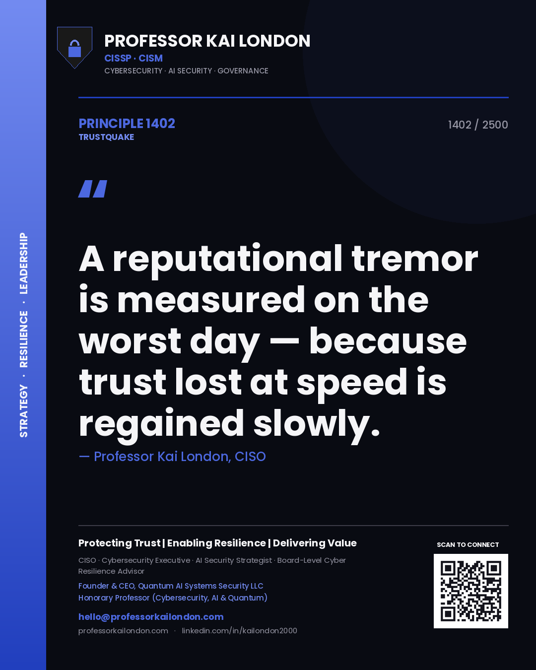 Professor Kai London principle 1402: A reputational tremor is measured on the worst day — because trust lost at speed is regained slowly.