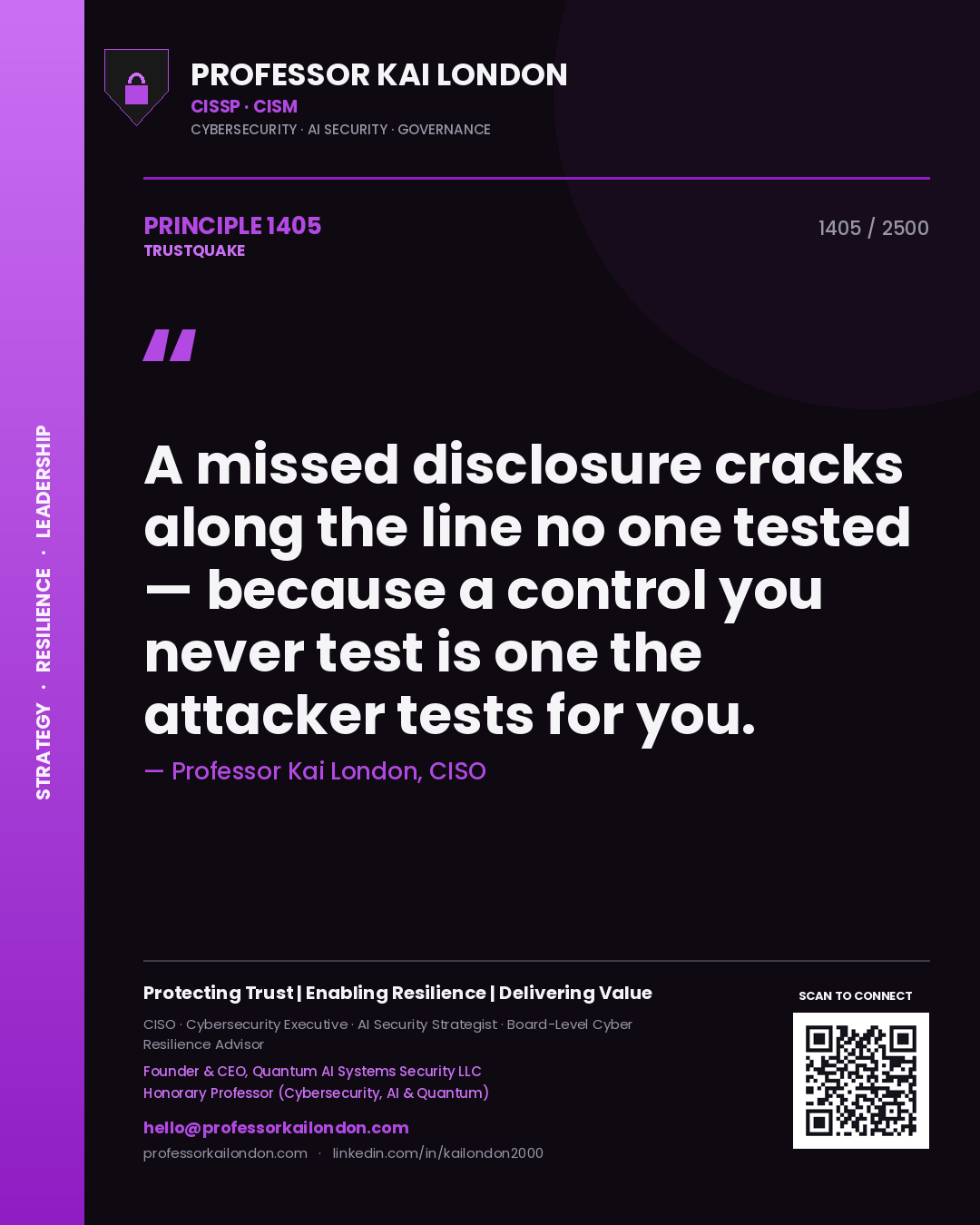 Professor Kai London principle 1405: A missed disclosure cracks along the line no one tested — because a control you never test is one the attacker tests for you.