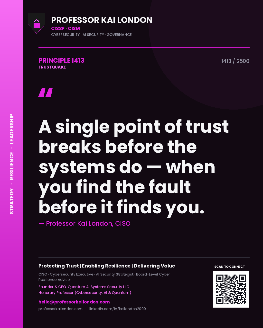 Professor Kai London principle 1413: A single point of trust breaks before the systems do — when you find the fault before it finds you.