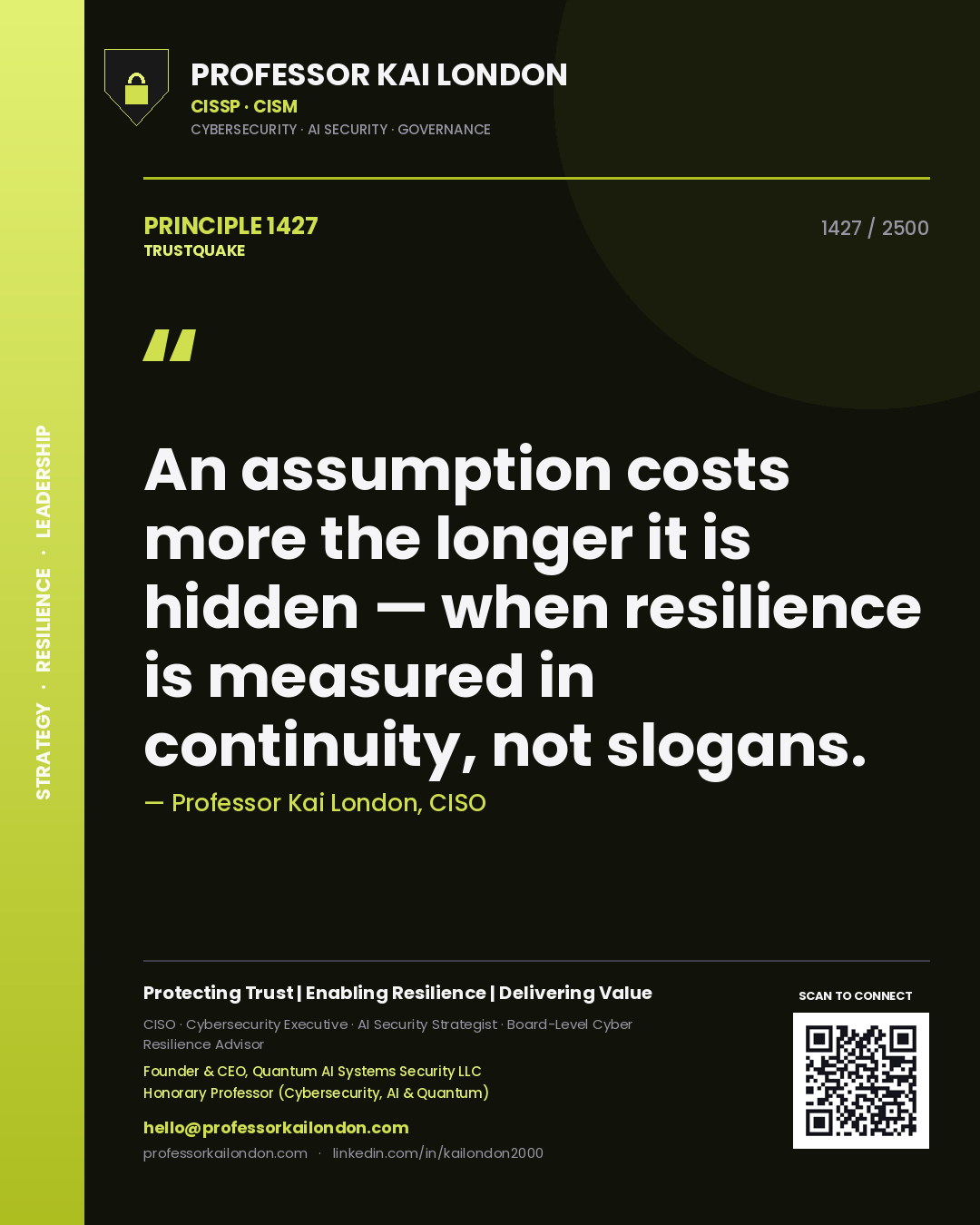 Quote card by Professor Kai London reading 'An assumption costs more the longer it is hidden — when resilience is measured in continuity, not slogans.'. From the book Trustquake.