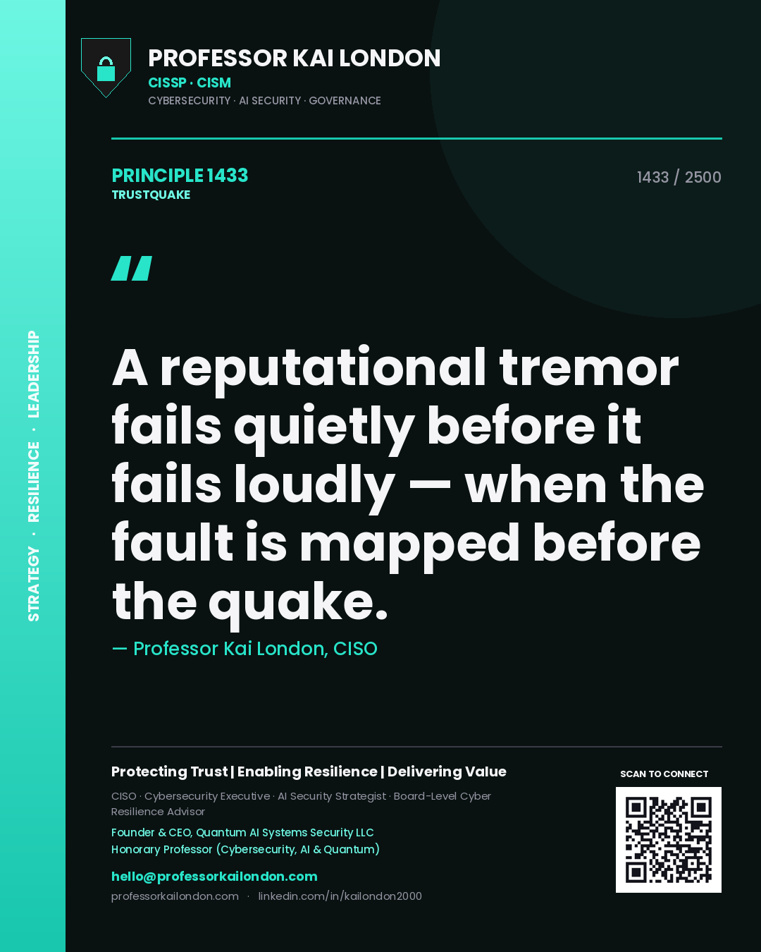 Quote card by Professor Kai London reading 'A reputational tremor fails quietly before it fails loudly — when the fault is mapped before the quake.'. From the book Trustquake.