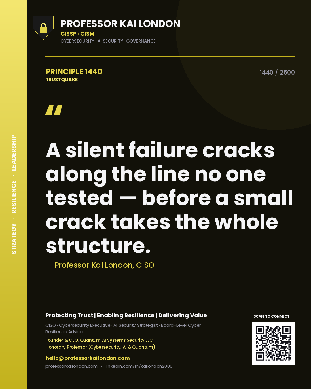 Quote card by Professor Kai London reading 'A silent failure cracks along the line no one tested — before a small crack takes the whole structure.'. From the book Trustquake.