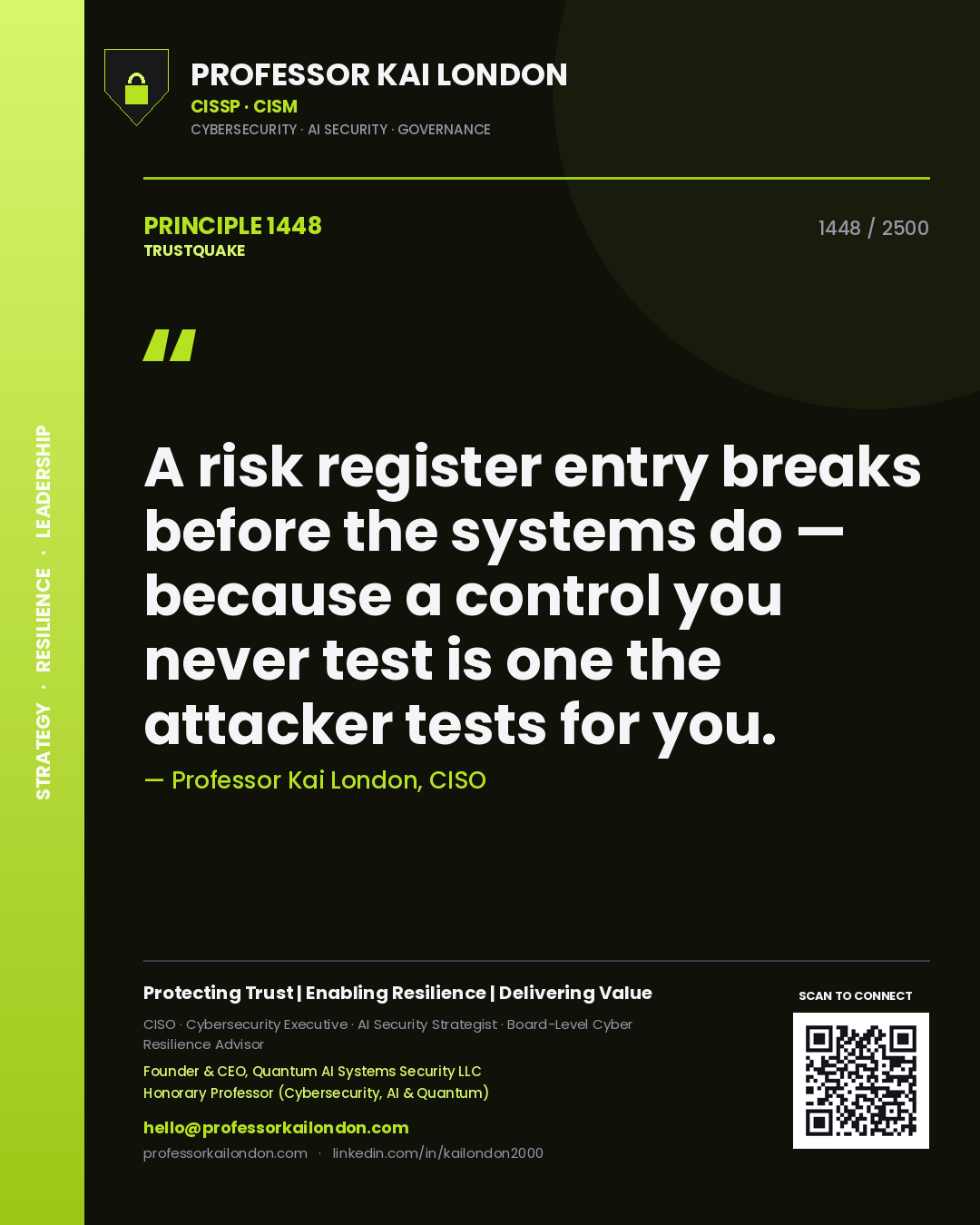Quote card by Professor Kai London reading 'A risk register entry breaks before the systems do — because a control you never test is one the attacker tests for you.'. From the book Trustquake.