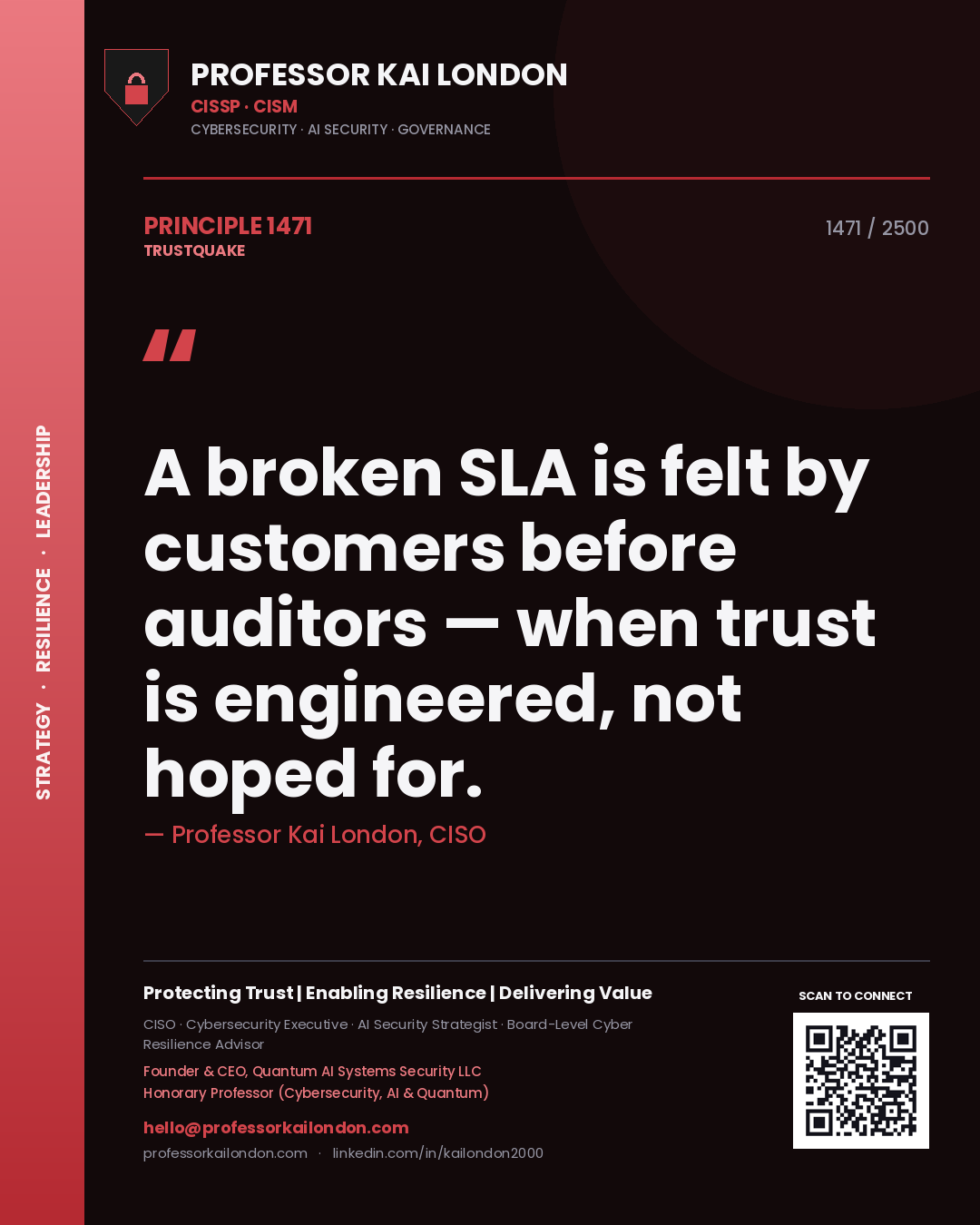 Quote card by Professor Kai London reading 'A broken SLA is felt by customers before auditors — when trust is engineered, not hoped for.'. From the book Trustquake.