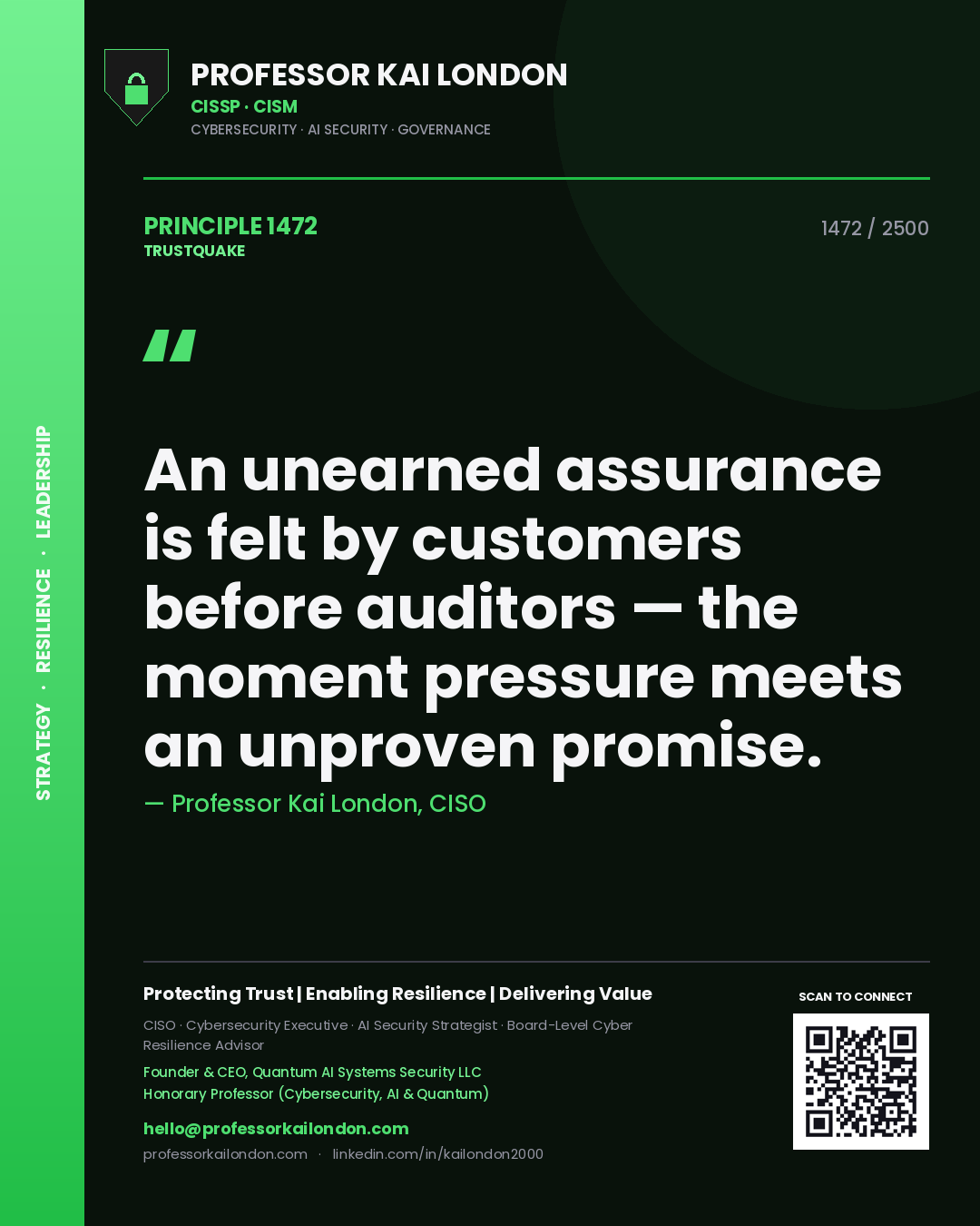Professor Kai London principle 1472: An unearned assurance is felt by customers before auditors — the moment pressure meets an unproven promise.