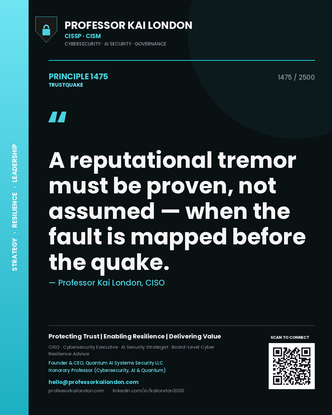 Quote card by Professor Kai London reading 'A reputational tremor must be proven, not assumed — when the fault is mapped before the quake.'. From the book Trustquake.