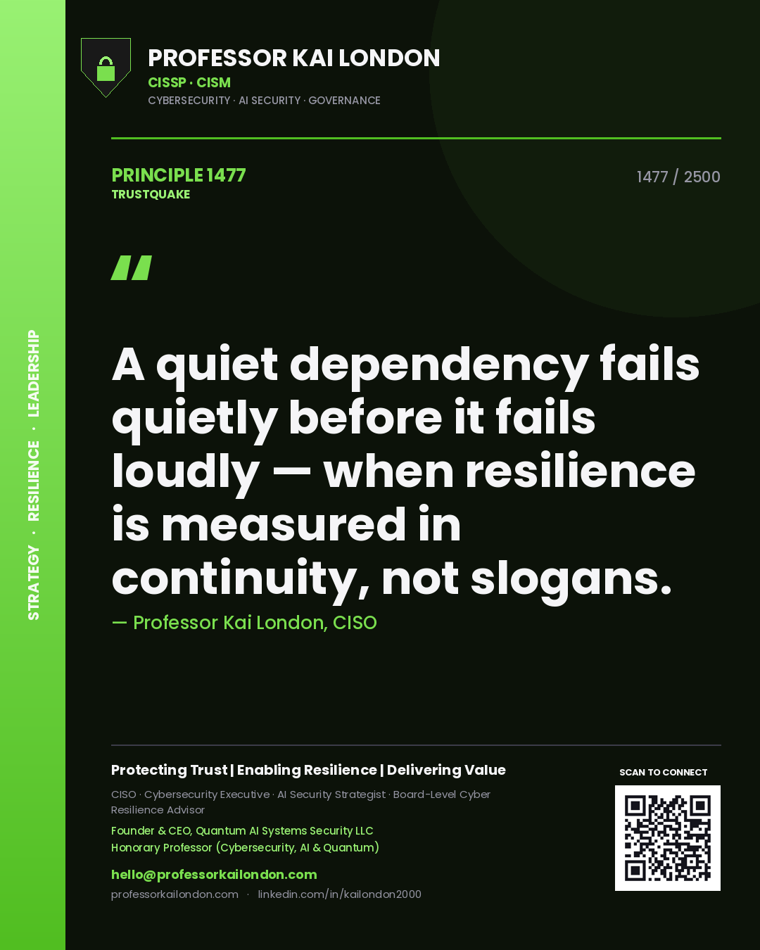 Quote card by Professor Kai London reading 'A quiet dependency fails quietly before it fails loudly — when resilience is measured in continuity, not slogans.'. From the book Trustquake.