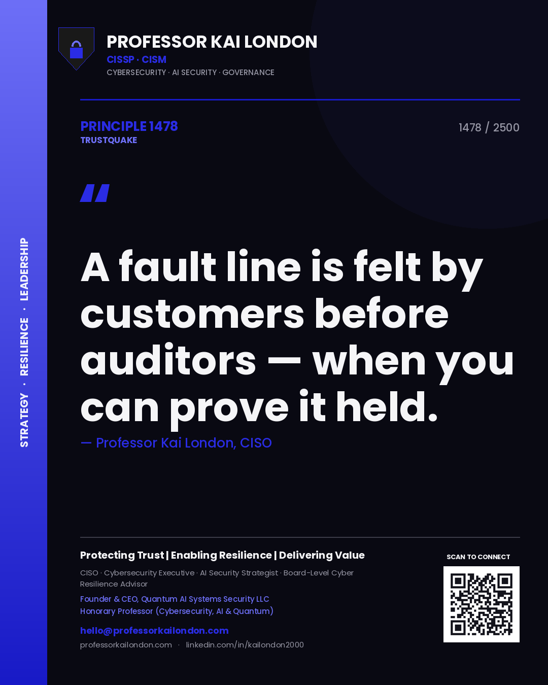 Quote card by Professor Kai London reading 'A fault line is felt by customers before auditors — when you can prove it held.'. From the book Trustquake.