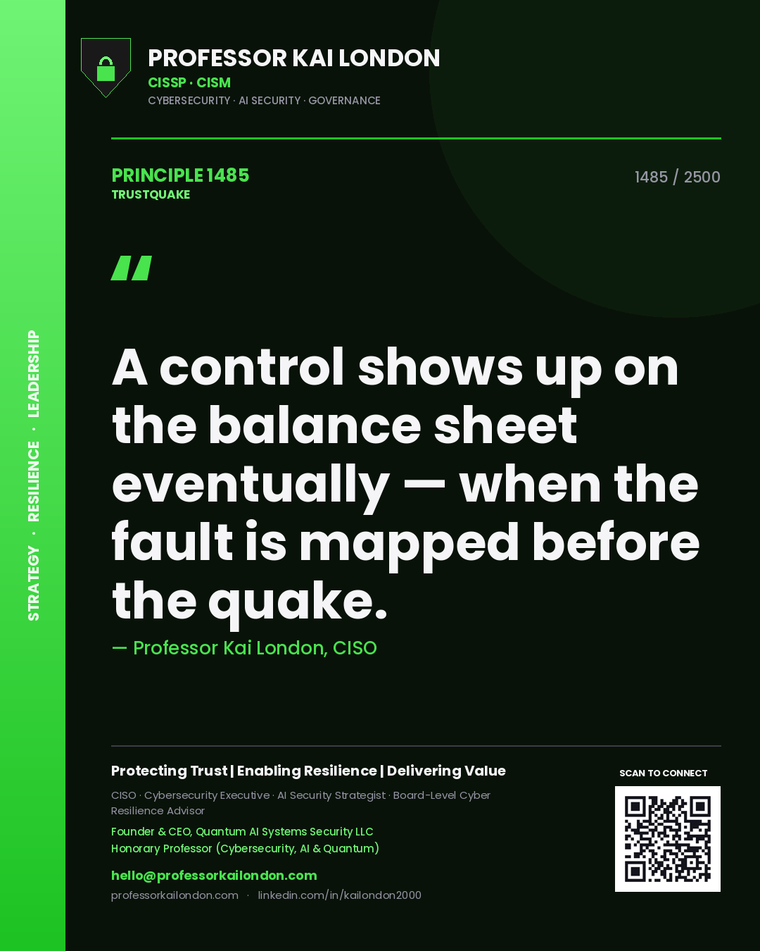 Quote card by Professor Kai London reading 'A control shows up on the balance sheet eventually — when the fault is mapped before the quake.'. From the book Trustquake.