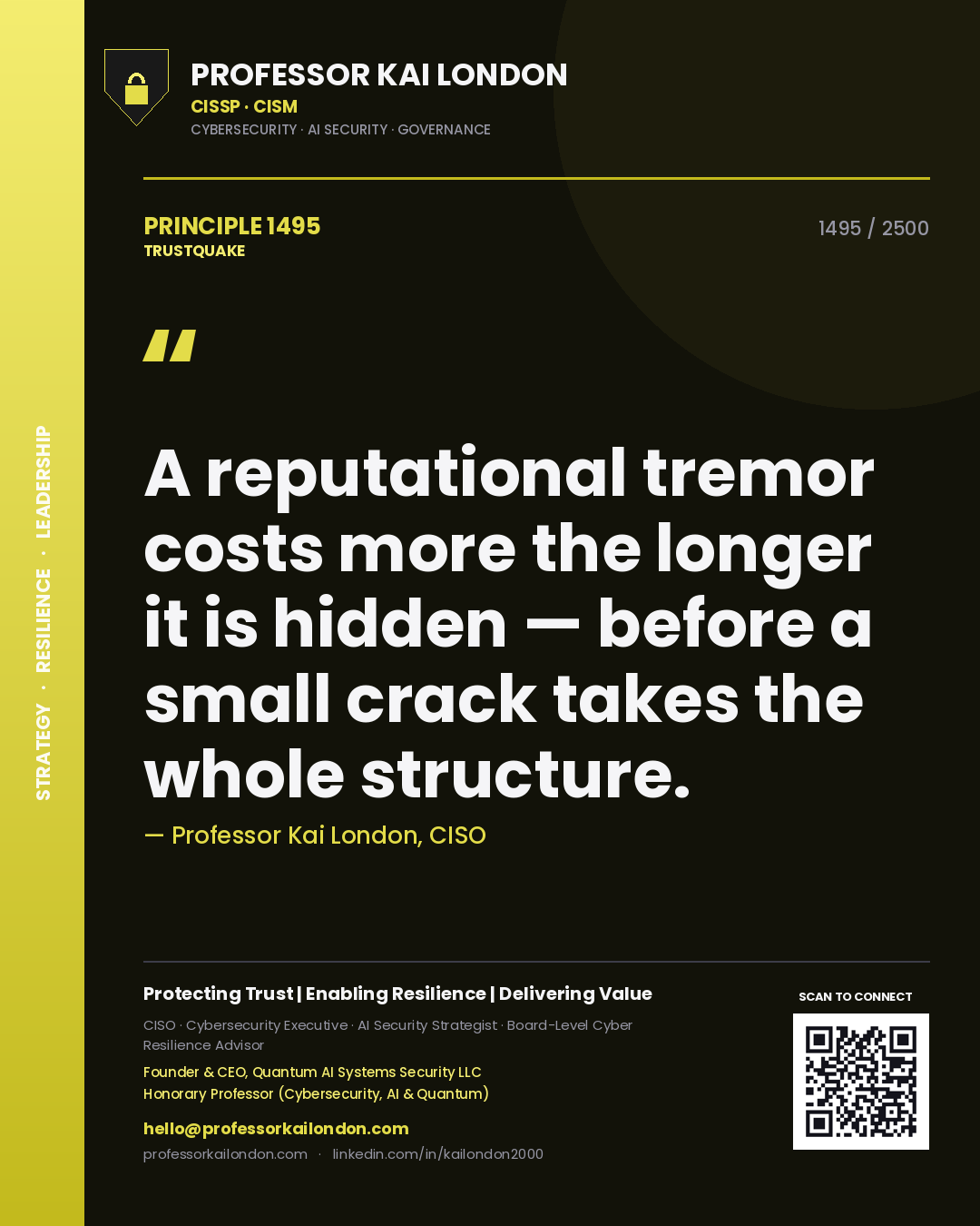 Quote card by Professor Kai London reading 'A reputational tremor costs more the longer it is hidden — before a small crack takes the whole structure.'. From the book Trustquake.