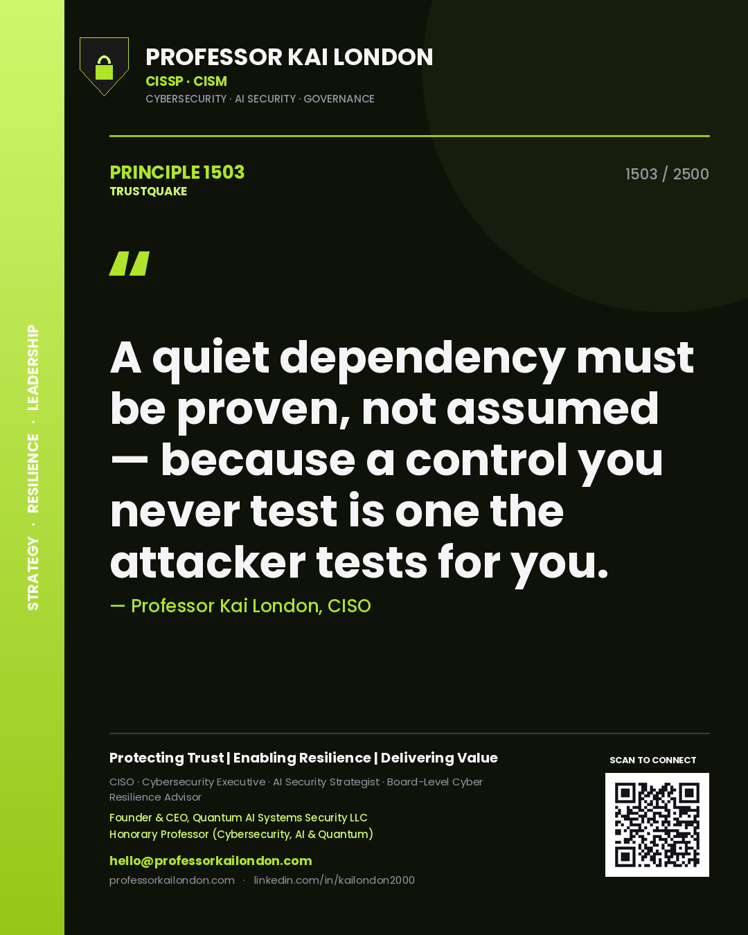 Professor Kai London principle 1503: A quiet dependency must be proven, not assumed — because a control you never test is one the attacker tests for you.