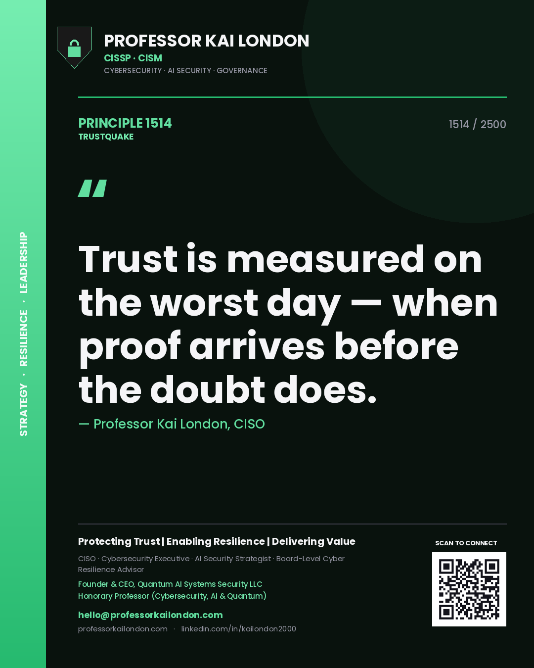 Quote card by Professor Kai London reading 'Trust is measured on the worst day — when proof arrives before the doubt does.'. From the book Trustquake.