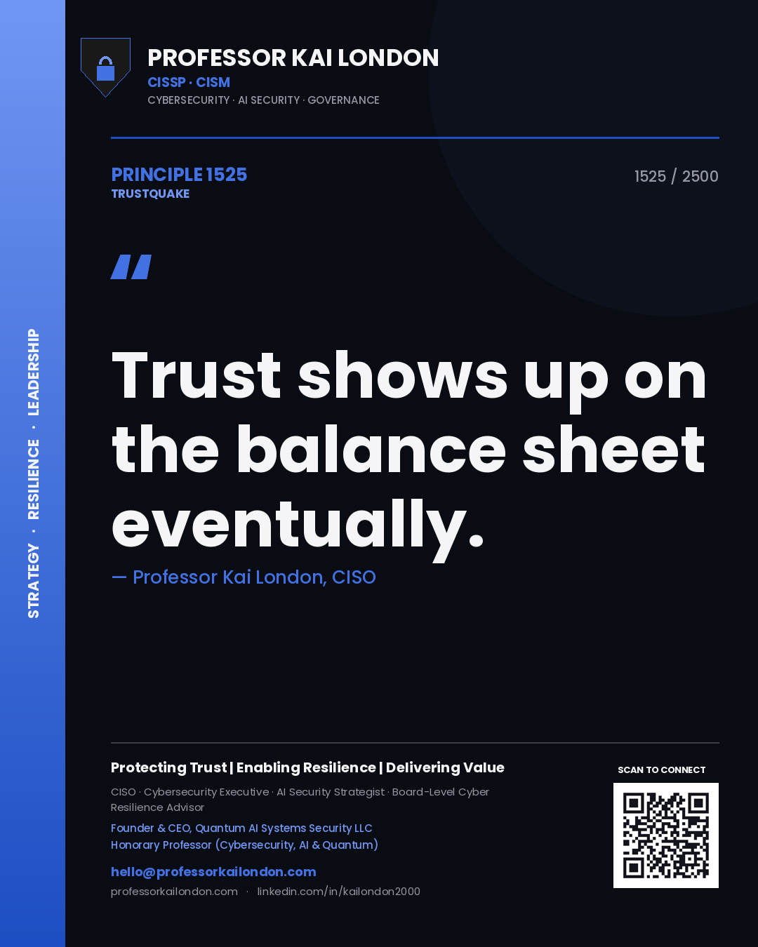 Quote card by Professor Kai London reading 'Trust shows up on the balance sheet eventually.'. From the book Trustquake.