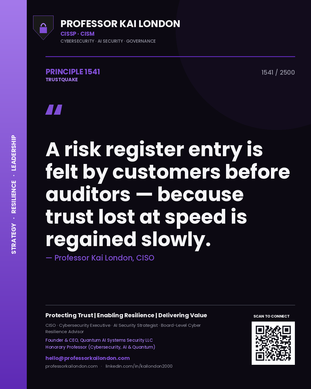 Quote card by Professor Kai London reading 'A risk register entry is felt by customers before auditors — because trust lost at speed is regained slowly.'. From the book Trustquake.