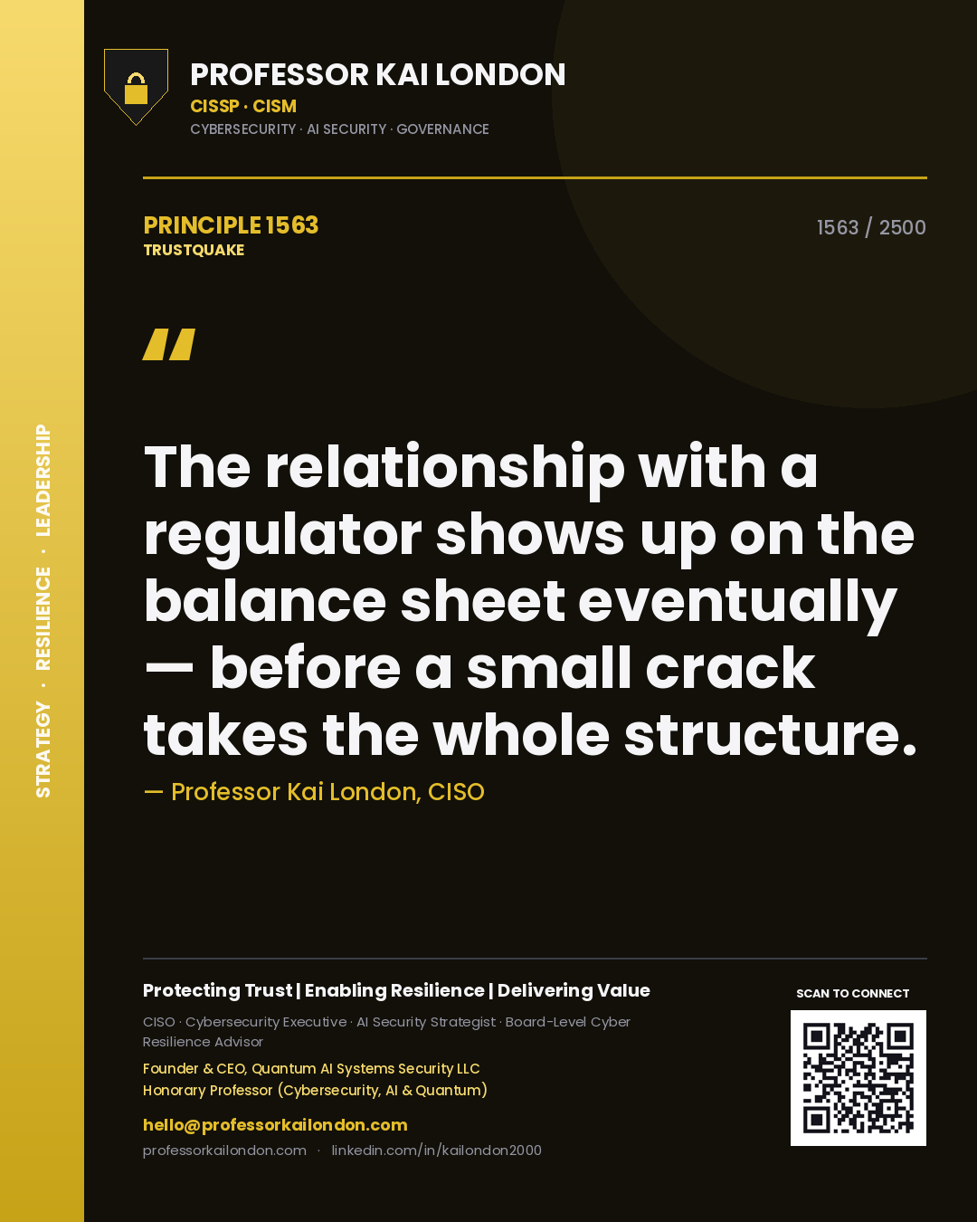 Quote card by Professor Kai London reading 'The relationship with a regulator shows up on the balance sheet eventually — before a small crack takes the whole structure.'. From the book Trustquake.