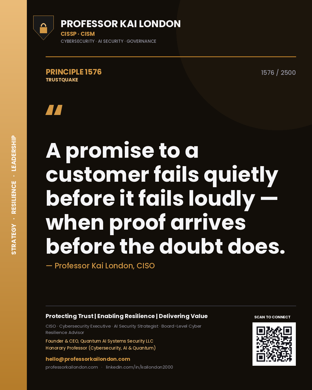 Quote card by Professor Kai London reading 'A promise to a customer fails quietly before it fails loudly — when proof arrives before the doubt does.'. From the book Trustquake.