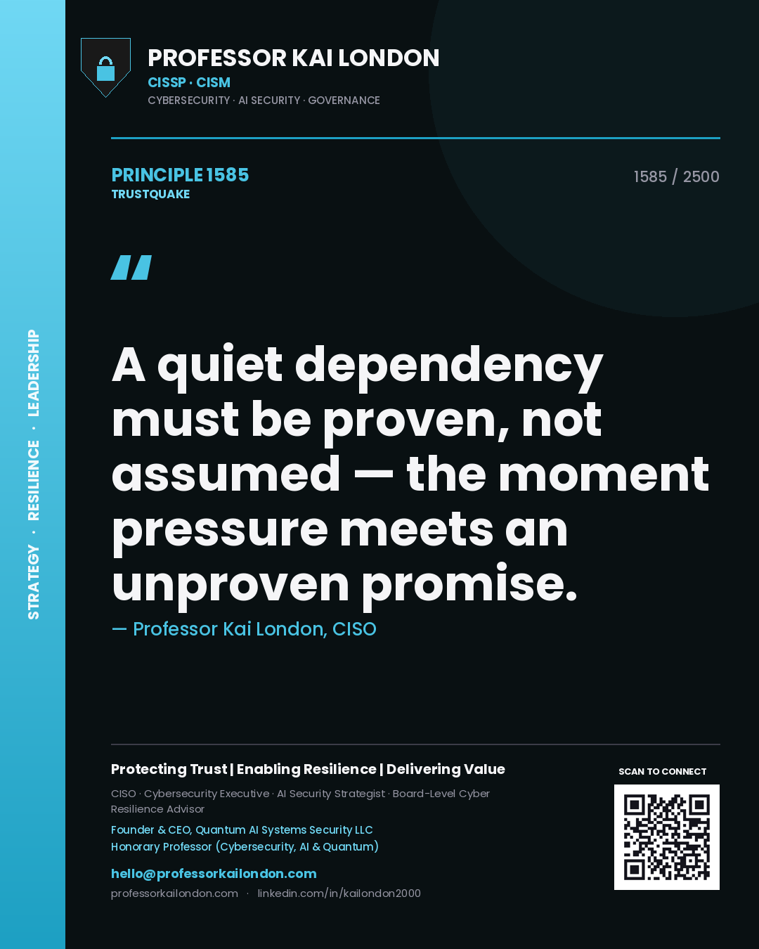 Quote card by Professor Kai London reading 'A quiet dependency must be proven, not assumed — the moment pressure meets an unproven promise.'. From the book Trustquake.